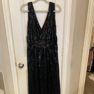 Kate Kasin Black Sequin Sleeveless Deep V Neck Evening Gown (16)